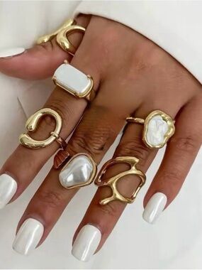 Gold Pearl Mix & Match Ring Set - White Accents